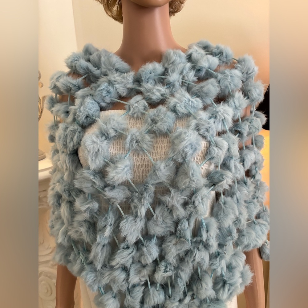Light Blue Fluffy Rabbit Fur Shawl Wrap - Picture 5 of 11